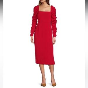 NWT Antonio Melani Elena Crepe Square Neck Long Ruched Sleeve Midi Dress